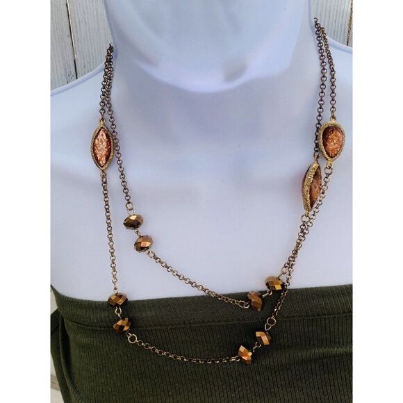 Vintage Women’s Faceted Glass Beaded Copper Long Station Chain Necklace 30” - Picture 2 of 8